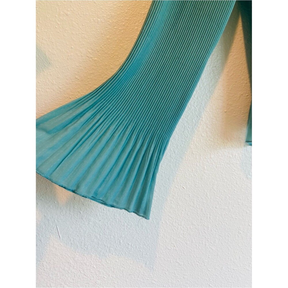 Madewell Womens Teal Pleated V-Neck Long Sleeve Blouse Flare Sleeve Elegant - Picture 4 of 16